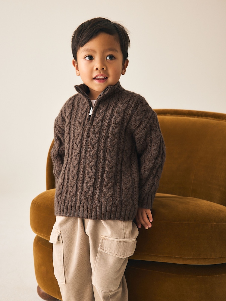 Brun - Zip Neck Knitted Cable Jumper (3mths-7yrs) - Bild 2 av 8