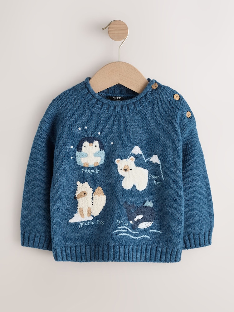 Bleu marine arctique - Pull à col rond tricoté à motif de personnage (3mois -7an) - Image 1 de 4