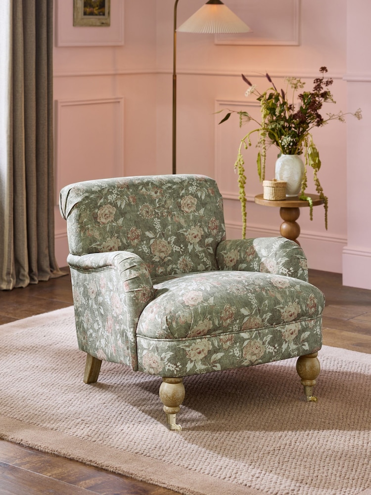 Relaxed Linen Look Print Swagger Floral Dark Green Lilly Armchair - Image 1 of 10 Relaxed Linen Look Print Swagger Floral Dark Green Lilly Armchair - Image 1 of 10