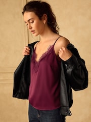 Wine Satin Lace Cami Top - Image 1 of 8