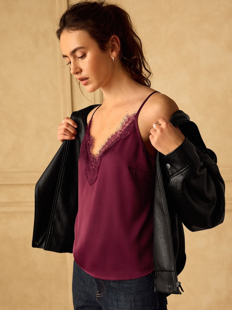 Wine Satin Lace Cami Top - Image 1 of 8 Wine Satin Lace Cami Top - Image 1 of 8