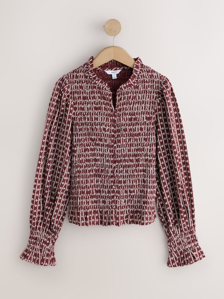 Burgundy Ditsy Floral Print Smocked Button Front Long Sleeve Blouse - Image 1 of 3 Burgundy Ditsy Floral Print Smocked Button Front Long Sleeve Blouse - Image 1 of 3