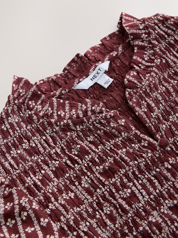 Burgundy Ditsy Floral Print Smocked Button Front Long Sleeve Blouse - Image 2 of 3 Burgundy Ditsy Floral Print Smocked Button Front Long Sleeve Blouse - Image 2 of 3