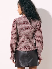 Burgundy Ditsy Floral Print Smocked Button Front Long Sleeve Blouse - Image 4 of 8