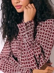 Burgundy Ditsy Floral Print Smocked Button Front Long Sleeve Blouse - Image 5 of 8