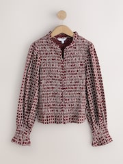 Burgundy Ditsy Floral Print Smocked Button Front Long Sleeve Blouse - Image 6 of 8