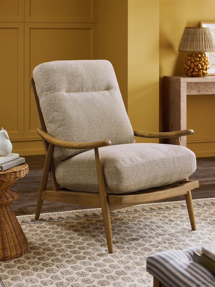 Textured Boucle Weave Mid Natural Hampton High Back Wooden Accent Chair - Image 1 of 10 Textured Boucle Weave Mid Natural Hampton High Back Wooden Accent Chair - Image 1 of 10