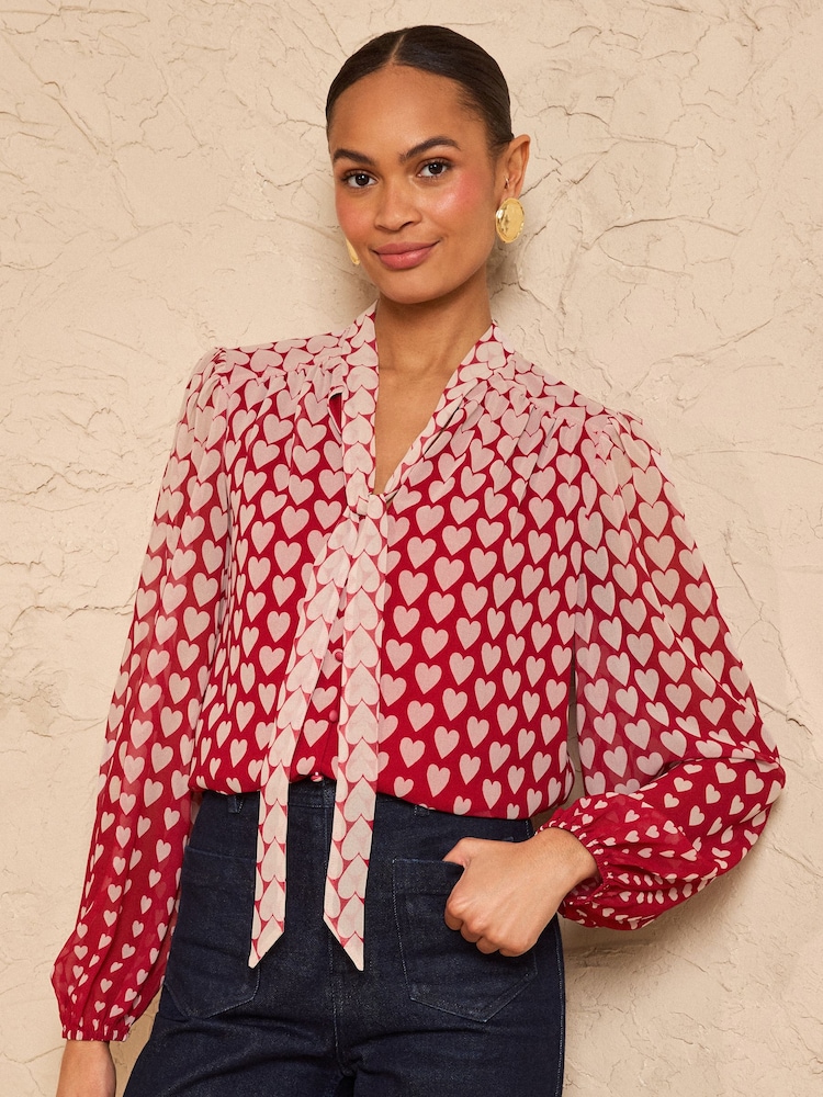 Love & Roses Red Heart Long Sleeve Pussybow Blouse - Image 1 of 4