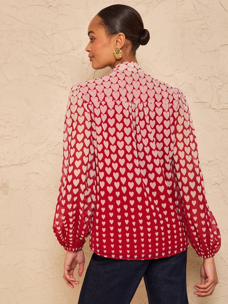 Love & Roses Red Heart Long Sleeve Pussybow Blouse - Image 2 of 4