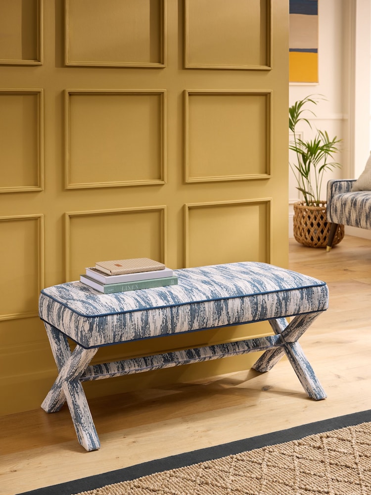 Nina Campbell Rowan Ikat Denim Blue Rosebury Bench - Image 1 of 7 Nina Campbell Rowan Ikat Denim Blue Rosebury Bench - Image 1 of 7
