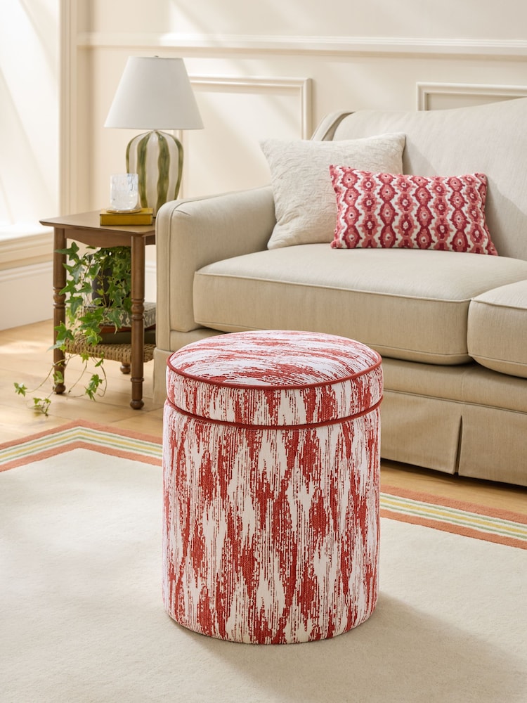 Nina Campbell Rowan Ikat Wine Red Rosebury Round Footstool - Image 1 of 5 Nina Campbell Rowan Ikat Wine Red Rosebury Round Footstool - Image 1 of 5
