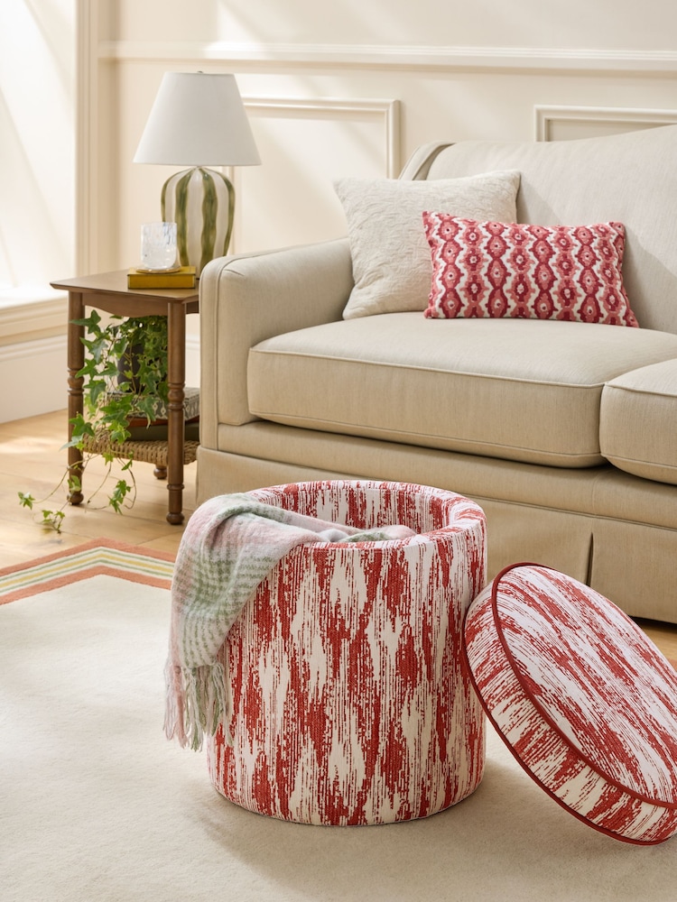 Nina Campbell Rowan Ikat Wine Red Rosebury Round Footstool - Image 2 of 5 Nina Campbell Rowan Ikat Wine Red Rosebury Round Footstool - Image 2 of 5