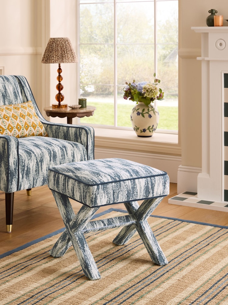 Nina Campbell Rowan Ikat Denim Blue Rosebury Square Footstool - Image 1 of 4 Nina Campbell Rowan Ikat Denim Blue Rosebury Square Footstool - Image 1 of 4