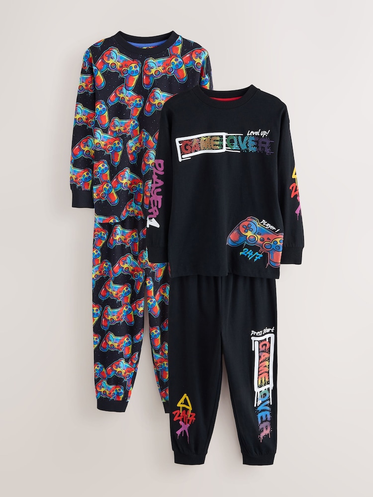 Rainbow Black Gamer Long Sleeve Pyjamas 2 Pack (3-16yrs) - Image 1 of 6 Rainbow Black Gamer Long Sleeve Pyjamas 2 Pack (3-16yrs) - Image 1 of 6