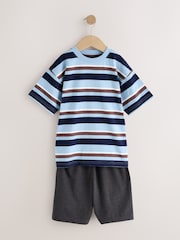 Blue/Brown/Ecru Stripe Short Pyjamas 3 Pack (3-16yrs) - Image 8 of 12