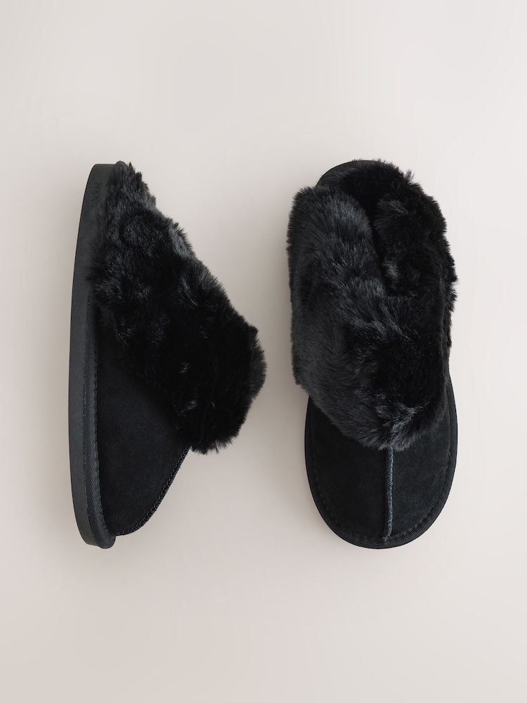 Black Faux Fur Lined Suede Mule Slippers - Image 1 of 5