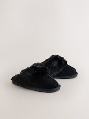 Black Faux Fur Lined Suede Mule Slippers - Image 2 of 5