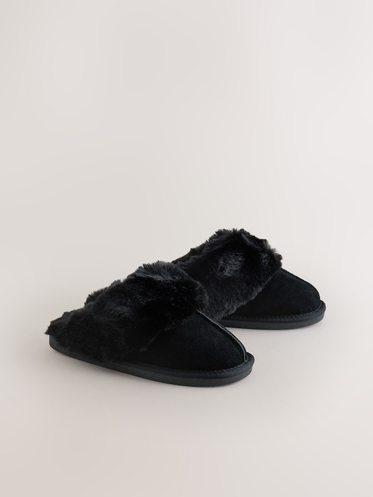 Black Faux Fur Lined Suede Mule Slippers - Image 2 of 5