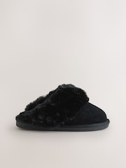 Black Faux Fur Lined Suede Mule Slippers - Image 3 of 5
