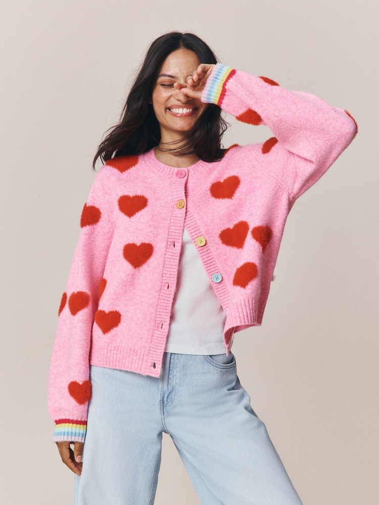Little Bird by Jools Oliver Pink & Red Eyelash Heart Cardigan - Image 1 of 5 Little Bird by Jools Oliver Pink & Red Eyelash Heart Cardigan - Image 1 of 5