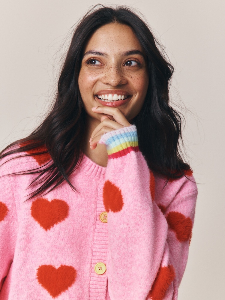 Little Bird by Jools Oliver Pink & Red Eyelash Heart Cardigan - Image 2 of 5 Little Bird by Jools Oliver Pink & Red Eyelash Heart Cardigan - Image 2 of 5