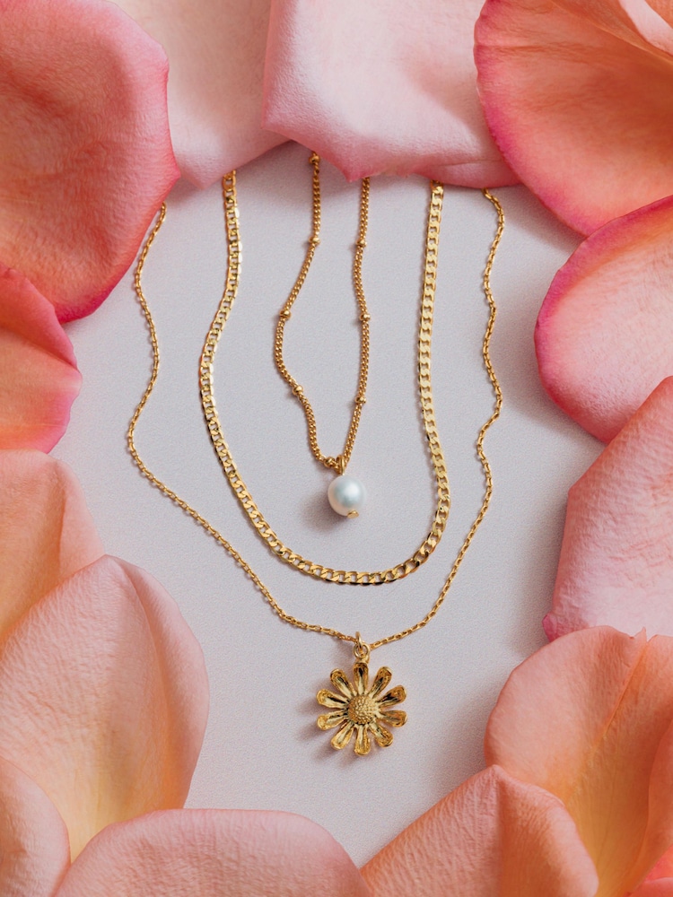 Orelia London Gold Tone Pearl & Daisy 3-Row Necklace - Image 1 of 4