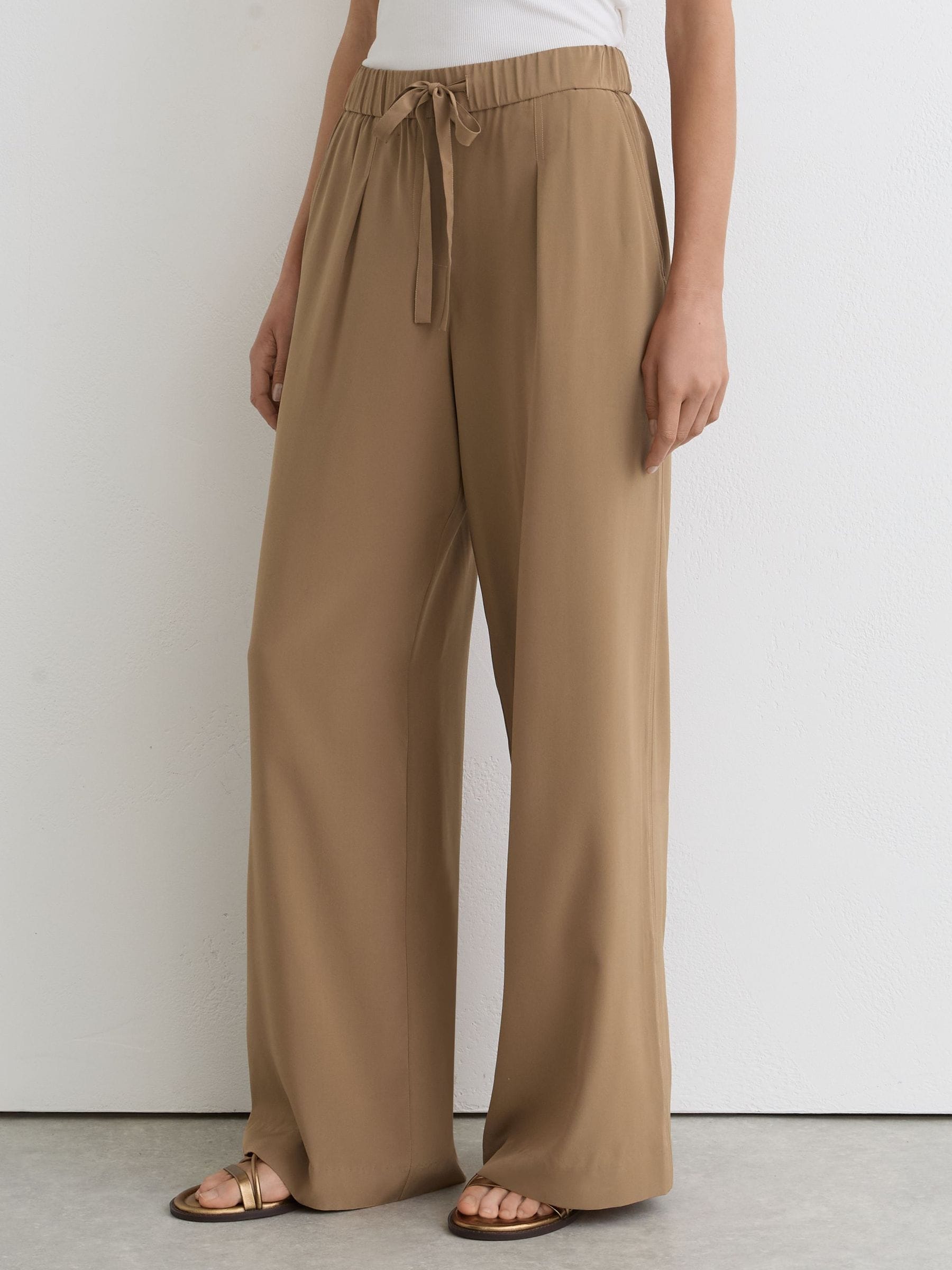 Buy Reiss Camel Maria Petite Matte-Silk Wide-Leg Trousers from