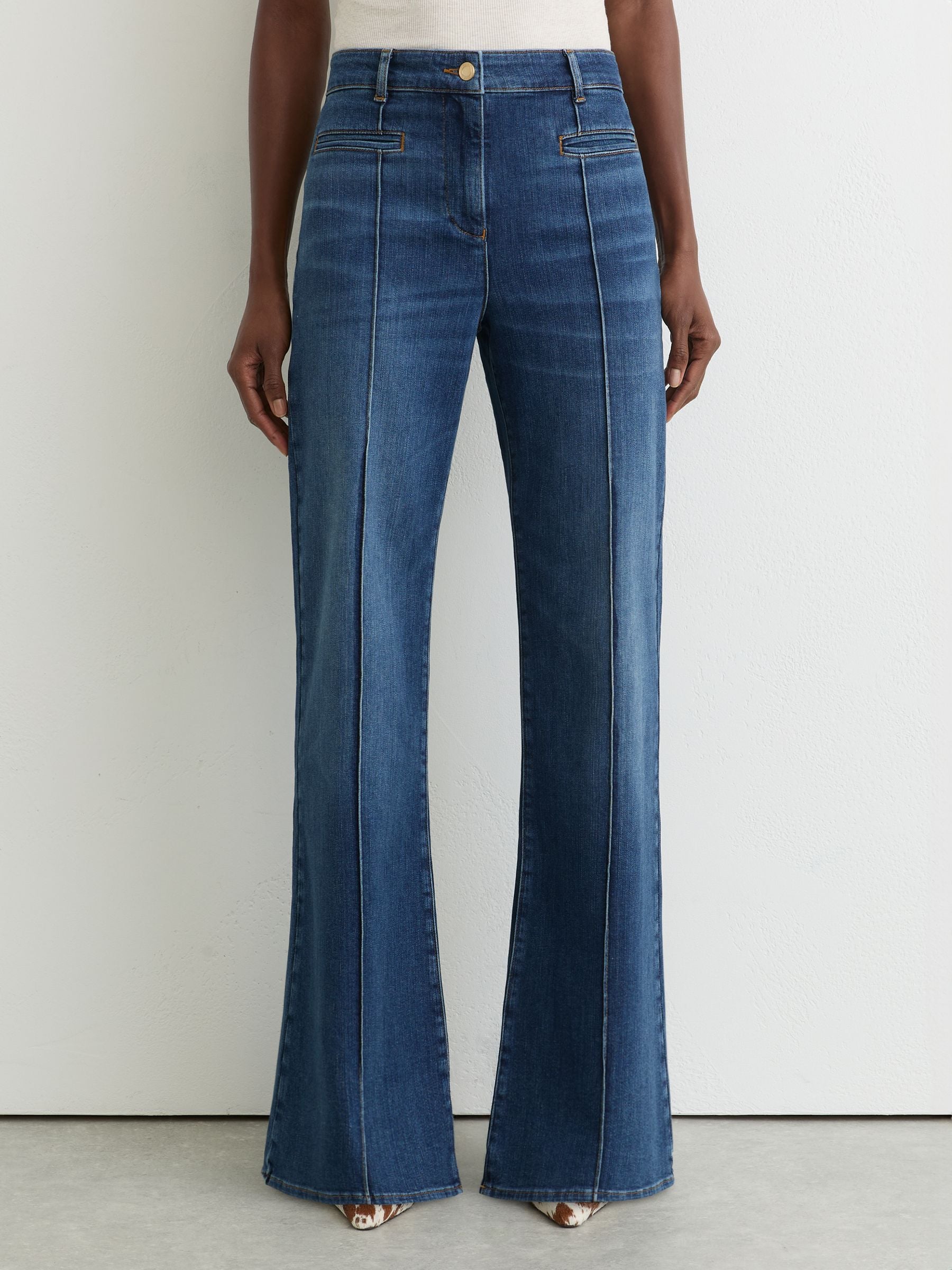 Buy Reiss Mid Blue Claude Pintuck-Detail Flared Jeans from Next USA