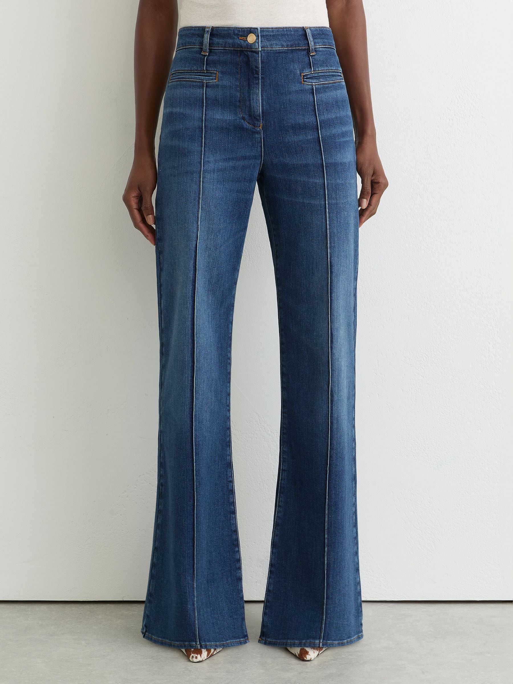 Buy Reiss Mid Blue Claude Pintuck-Detail Flared Jeans from the