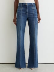 Reiss Mid Blue Claude Pintuck-Detail Flared Jeans - Image 9 of 12