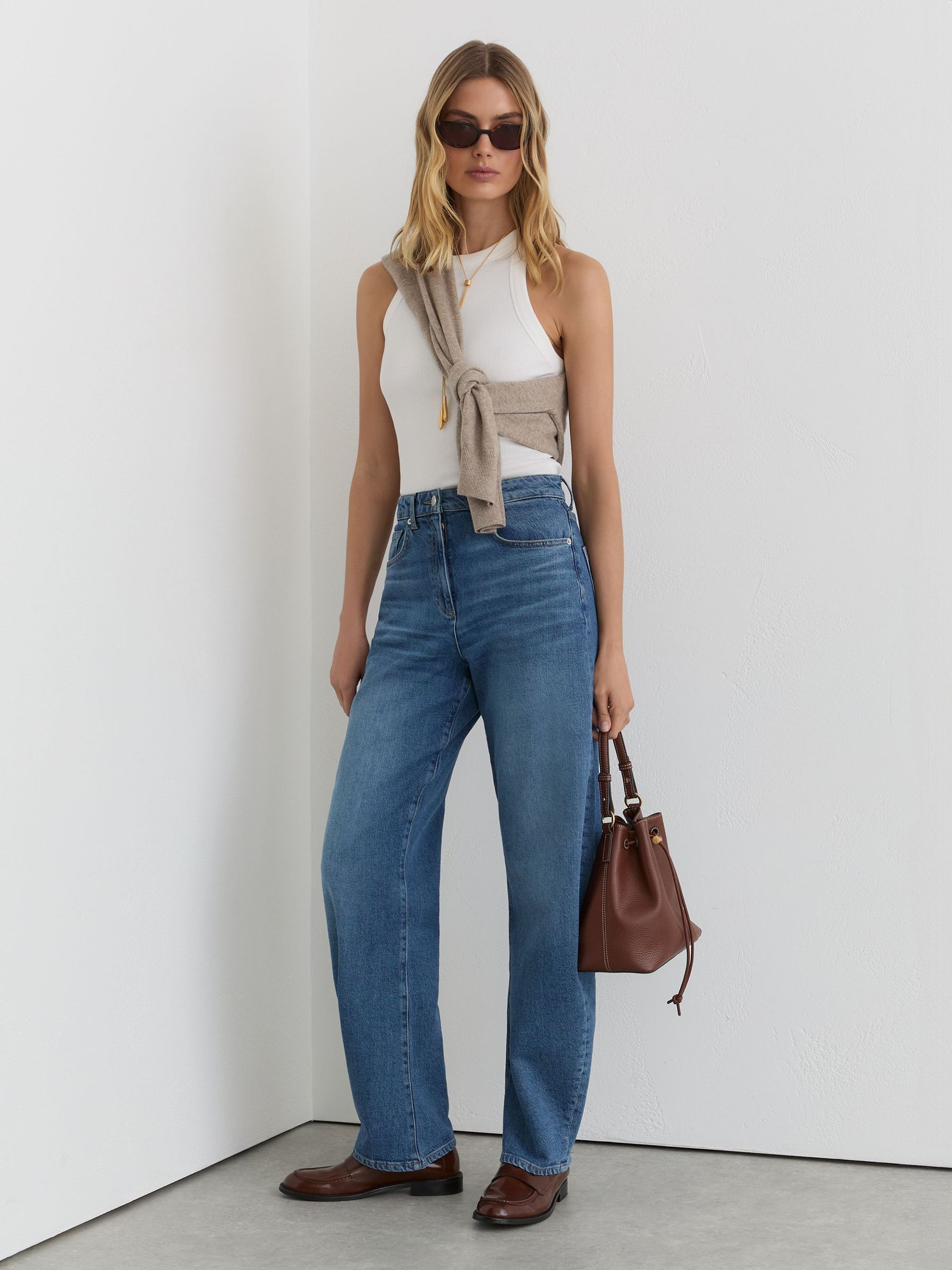 Reiss Women's Mid Blue Sabel Petite Barrel-Leg Jeans