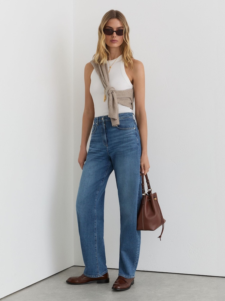Reiss Mid Blue Sabel Petite Barrel-Leg Jeans - Image 1 of 7