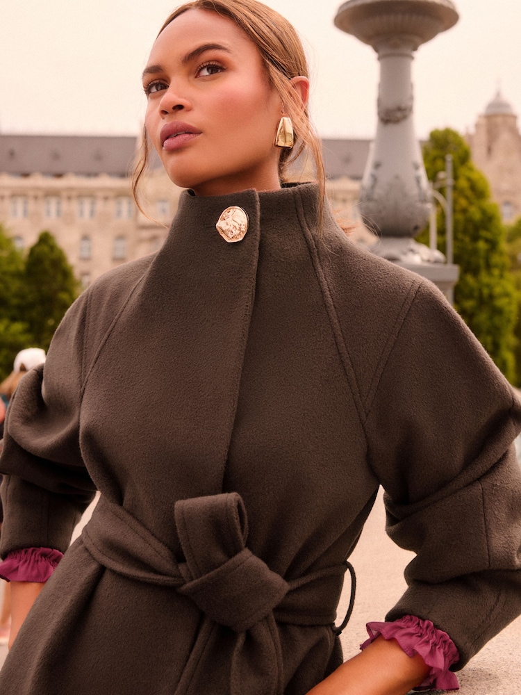 Love & Roses Chocolate Brown Funnel Neck Balloon Sleeve Faux Wool Coat - Image 2 of 4 Love & Roses Chocolate Brown Funnel Neck Balloon Sleeve Faux Wool Coat - Image 2 of 4