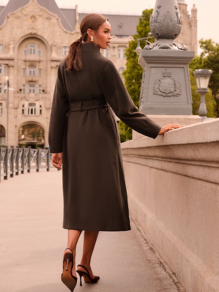 Love & Roses Chocolate Brown Funnel Neck Balloon Sleeve Faux Wool Coat - Image 4 of 4 Love & Roses Chocolate Brown Funnel Neck Balloon Sleeve Faux Wool Coat - Image 4 of 4
