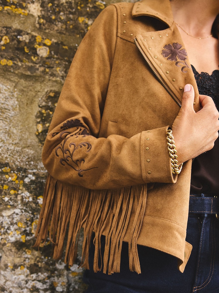 Love & Roses X Binky Tan Brown Suedette Fringe Biker Jacket - Image 2 of 5 Love & Roses X Binky Tan Brown Suedette Fringe Biker Jacket - Image 2 of 5