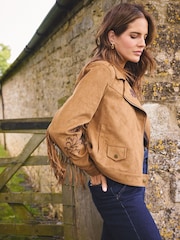 Love & Roses X Binky Tan Brown Suedette Fringe Biker Jacket - Image 5 of 5