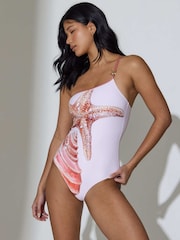 South Beach Pink Seashell Printed One Shoulder Swimsuit with Metallic Binding - Image 6 of 6