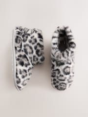 Grey/Black Leopard Print - Mga Faux Fur Boot Slipper - Larawan 2 ng 5