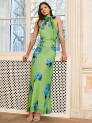 Ro&Zo Green Athena Floral Tie Halterneck Dress - Image 1 of 3