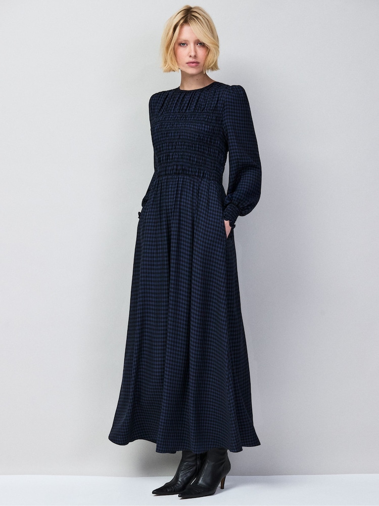 Ro&Zo Blue Check Shirred Bodice Dress - Image 1 of 6 Ro&Zo Blue Check Shirred Bodice Dress - Image 1 of 6