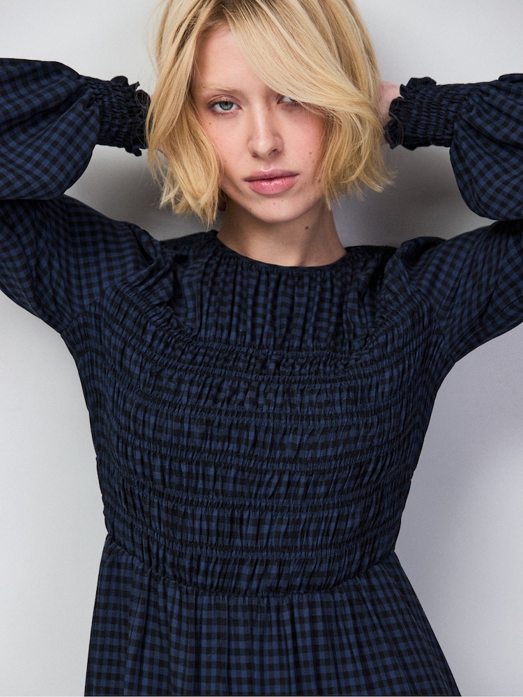 Ro&Zo Blue Check Shirred Bodice Dress - Image 2 of 6 Ro&Zo Blue Check Shirred Bodice Dress - Image 2 of 6