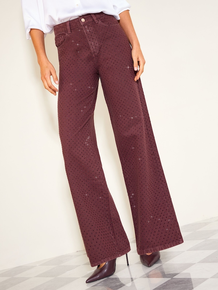 Friends Like These Burgundy Red Premium Embellished Everyday Wide Leg Denim Jeans - Image 1 of 5