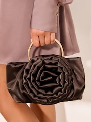Lipsy Chocolate Brown Satin Corsage Top Handle Bag - Image 1 of 7