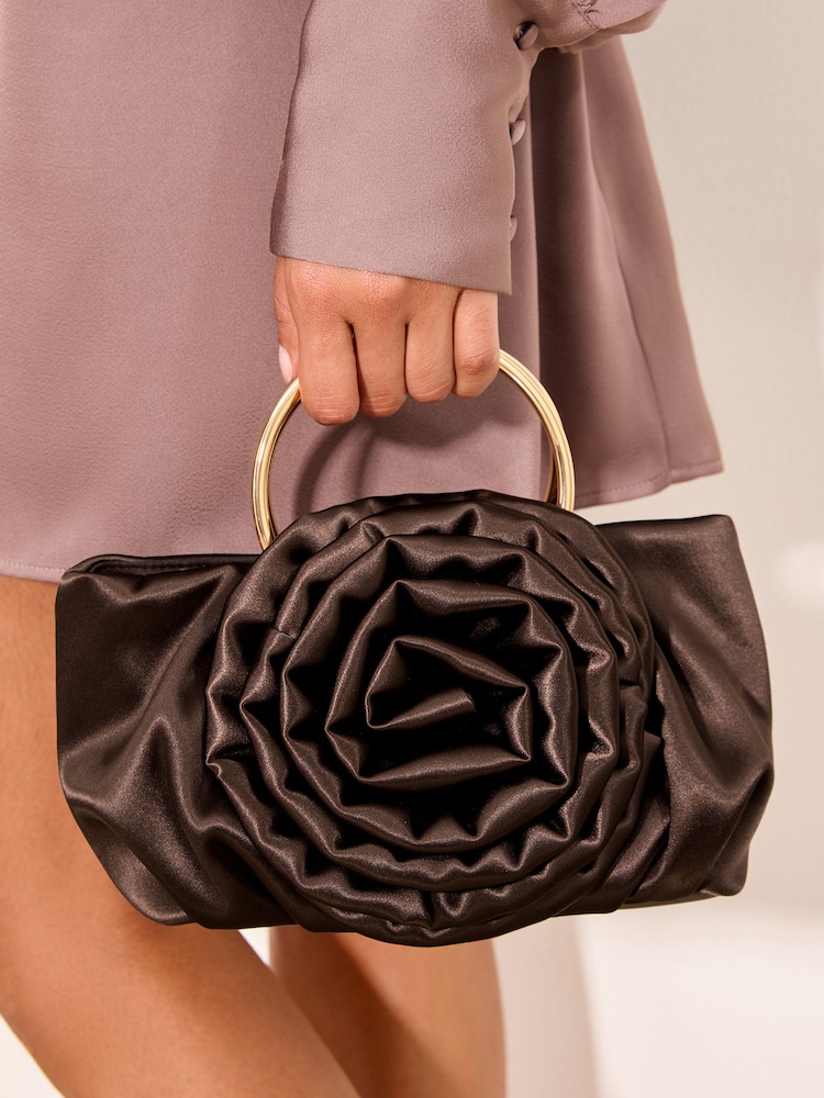 Lipsy Chocolate Brown Satin Corsage Top Handle Bag - Image 1 of 7
