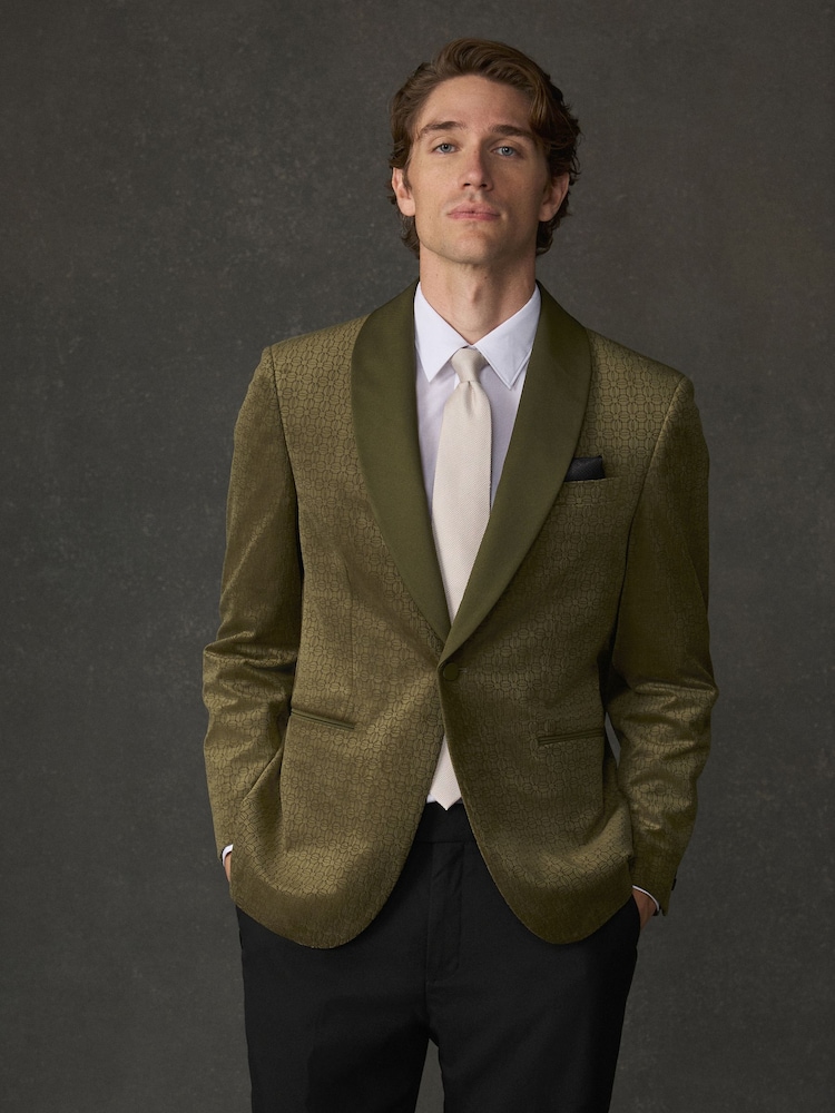 Olive Green Geometric Regular Fit Patterned Velvet Blazer - Image 1 of 12