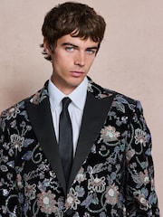 Black Multi Floral Slim Fit Sequin Velvet Blazer - Image 1 of 7