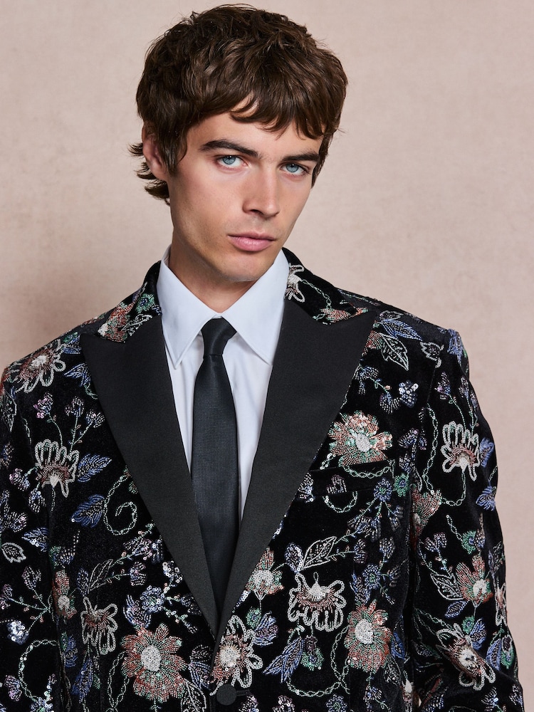 Black Multi Floral Slim Fit Sequin Velvet Blazer - Image 1 of 7 Black Multi Floral Slim Fit Sequin Velvet Blazer - Image 1 of 7
