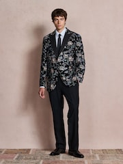 Black Multi Floral Slim Fit Sequin Velvet Blazer - Image 2 of 7