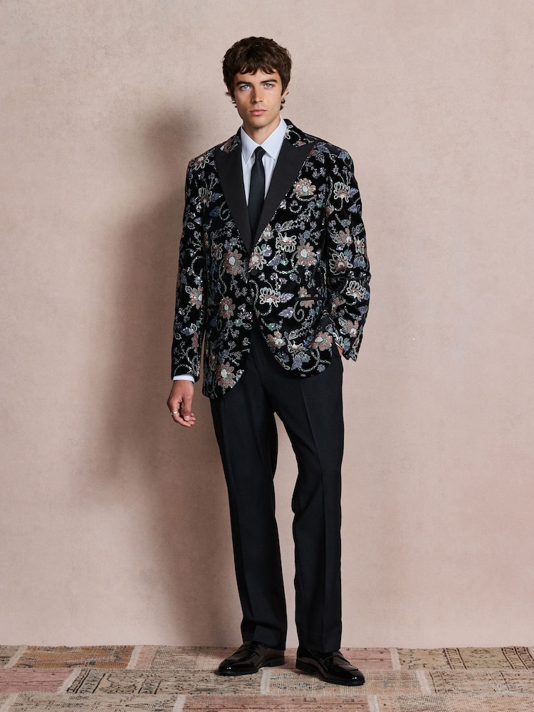 Black Multi Floral Slim Fit Sequin Velvet Blazer - Image 2 of 7 Black Multi Floral Slim Fit Sequin Velvet Blazer - Image 2 of 7