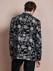 Black Multi Floral Slim Fit Sequin Velvet Blazer - Image 3 of 7